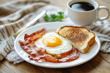 Homemade American breakfast. Fried eggs with bacon and toast, a cup of coffee and a knife on a wooden table. Healthy breakfast. The concept of healthy eating. Morning Sunlight
