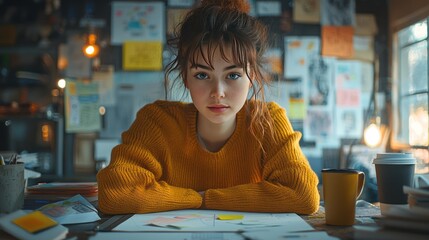 Young woman working at cluttered desk, studio, focused expression, creative background