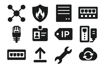 12 black IT infrastructure icons. Solid vector for networks, servers, and maintenance.