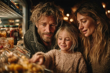 Family in modern kitchen using smart refrigerator for personalized recipe suggestions