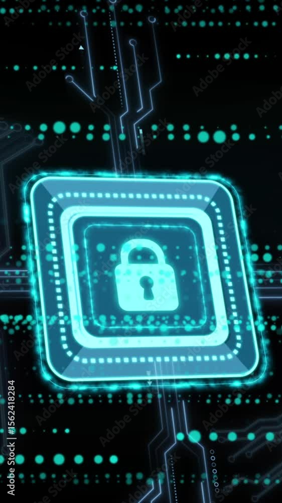 Poster animation of data processing and padlock over black background