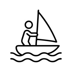 Sailing boat icon vector illustration of a person sailing a boat on water for nautical designs and graphics