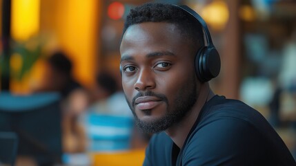 Fototapeta premium Confident African businessman with headset conducting a virtual conference call in a modern workspace
