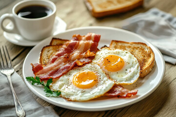 Homemade American breakfast. Fried eggs with bacon and toast, a cup of coffee and a fork on a wooden table. Healthy breakfast. The concept of healthy eating