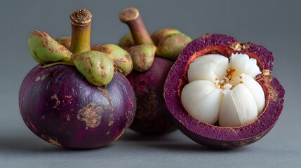 Close up of three mangosteens one cut open showing the white fruit segments inside it