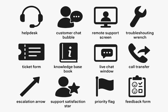 12 black IT support icons. Solid vector for helpdesk, service, and troubleshooting.