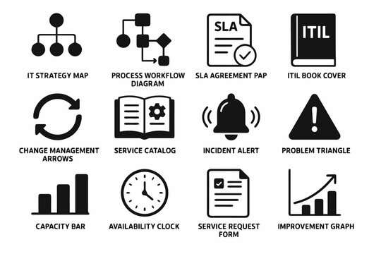 Black set of 12 admin icons. Minimal vector for planning and service delivery.