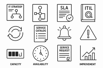 12 black IT management icons. Solid vector for strategy, process, and governance.