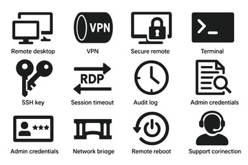 Black set of 12 connection icons. Minimal vector for VPN, SSH, and remote tools.

