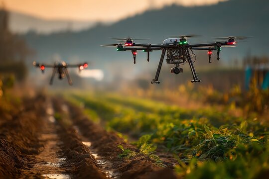 Two Drones Flying Over a Cultivated Field at Sunset