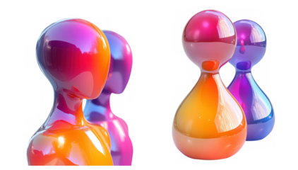 Three glossy and colorful abstract figures with smooth curves isolated on transparent background