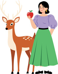 Obraz premium Woman holding apple standing next to deer in green skirt and purple blouse vector illustration 