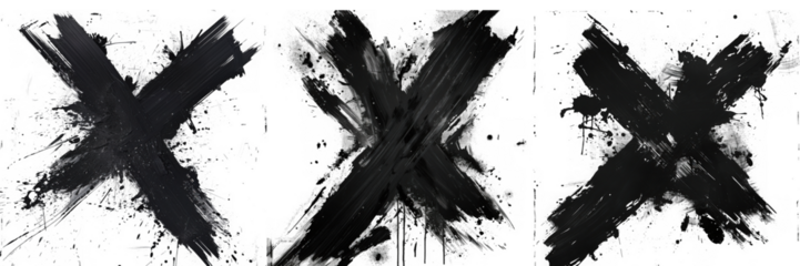 Three bold black cross brush strokes create a striking abstract triptych, isolated on transparent background, showcasing dynamic artistic expression