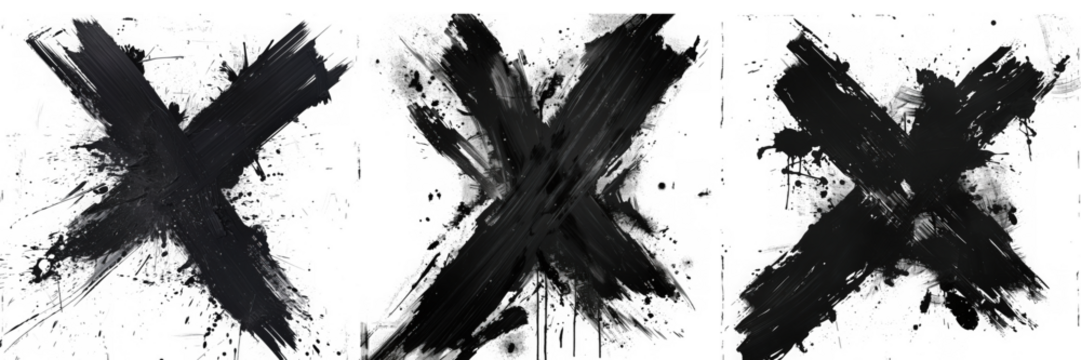 Three bold black cross brush strokes create a striking abstract triptych, isolated on transparent background, showcasing dynamic artistic expression - Powered by Adobe