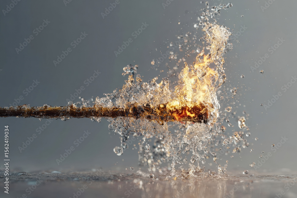 Aufkleber dramatic slow-motion water collision with flaming torch creating steam and particles