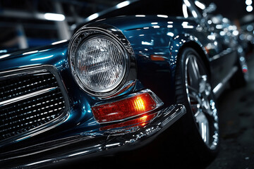 Fototapeta premium Close-up of chrome car grille with reflective metallic surface and design details