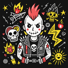 Punk Doodle Hand-Drawn Vector Set, Grunge Graffiti Rock Sketch Icons on Chalk Background