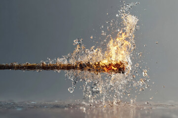 Dramatic slow-motion water collision with flaming torch creating steam and particles