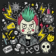 Punk Doodle Hand-Drawn Vector Set, Grunge Graffiti Rock Sketch Icons on Chalk Background