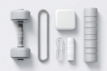 Fototapeta premium Six gym equipment items in blueprint style on white background, front view