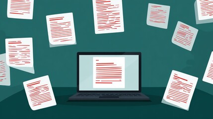 Digital documents with redacted or highlighted text float around a laptop screen showing a similar document, symbolizing data review or information management.