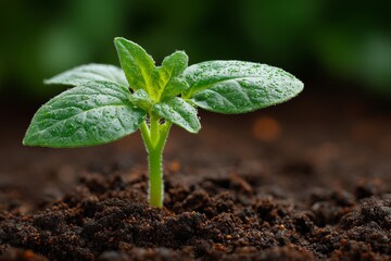 Young Green Sprout with Water Droplets Emerging from Fertile Soil