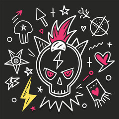 Punk Doodle Hand-Drawn Vector Set, Grunge Graffiti Rock Sketch Icons on Chalk Background