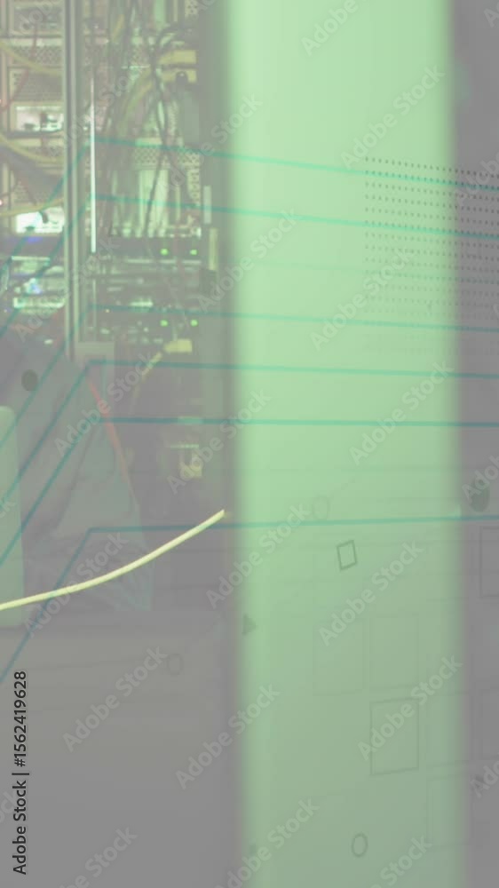 Poster animation of data processing over asian male hacker in server room
