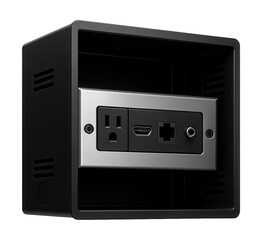 Obraz premium Deep installation box for multimedia connections in a home theater room, allowing ample space for cables and connectors.