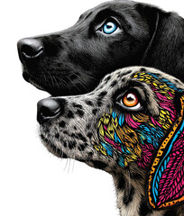 Black labrador and colorful pointer dog portrait isolated on transparent background