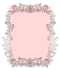 Beautiful vintage frame with ornate baroque scrolls and soft pink background. Hand-drawn engraving style, perfect for invitations, greeting cards, wedding templates, romantic designs, or classic