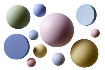 Assortment of textured spheres in pastel colors isolated on transparent background