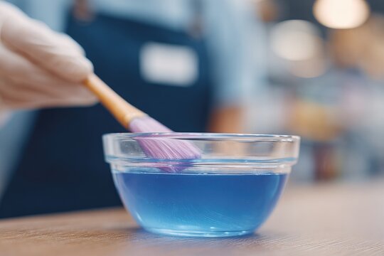 barber mixing hair dye in bowl on counter under lamp