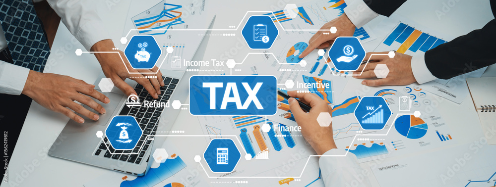 Poster hands at a desk analyzing tax data with charts, graphs, and a laptop showing financial insights and 
