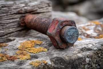 Fototapeta premium Oxidized Metal Bolt Fastened in Weathered Wood with Lichen Growth Close-up