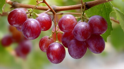 A close up view of a bunch of ripe red grapes hanging from a vine in the sunlight