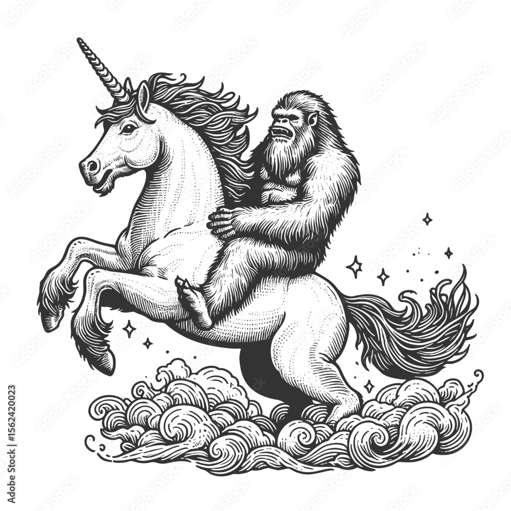 Poster yeti riding a majestic unicorn sketch engraving generative ai fictional character vector illustratio