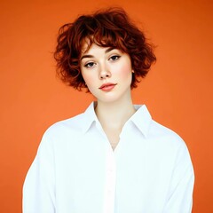 Young pretty girl with red hair and white shirt on orange background
