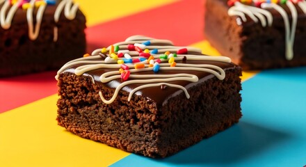 Decorated chocolate brownie with icing and rainbow sprinkles on a colorful background