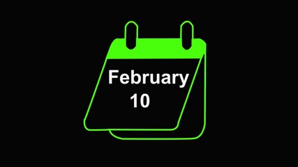 10 February calendar icon animation. Lama matte with black background 4K resolution 10 February icon isolated on black background. HD Video motion graphic animation. 