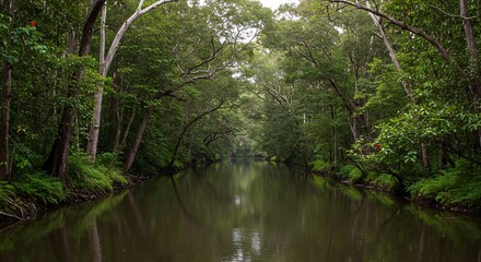 Serene River Through Lush Green Forest Canopy, Australia