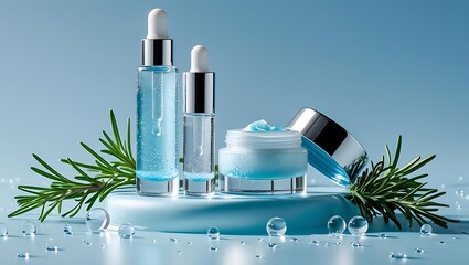 Luxurious blue skincare products with rosemary and water droplets on a light blue background