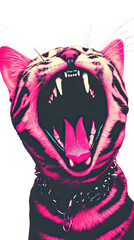 Pink tiger yawning with open mouth isolated on transparent background