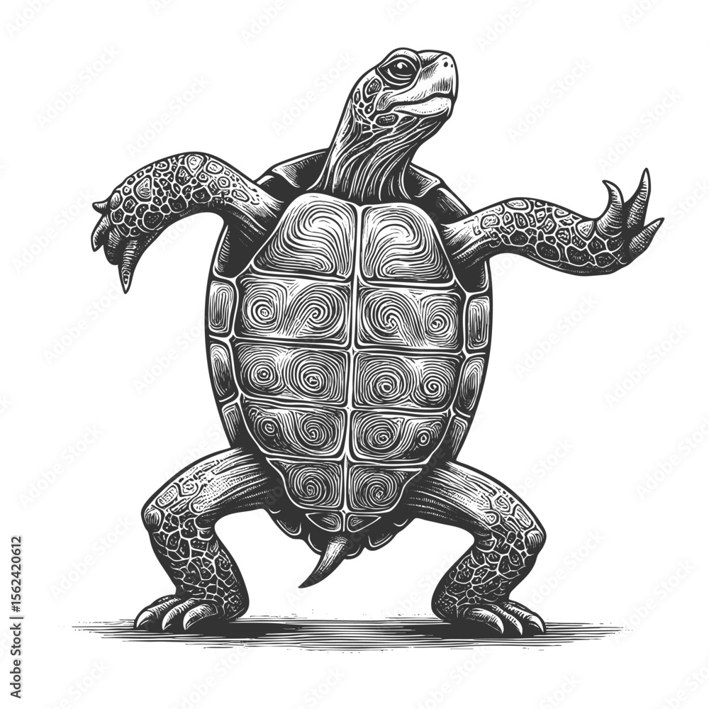 Poster turtle dancing sketch engraving generative ai vector illustration. scratch board imitation. black an