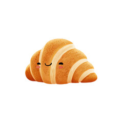 Cute cartoon croissant with a happy face isolated on transparent background