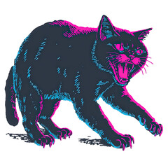 Scary halloween cat growling with neon colors isolated on transparent background
