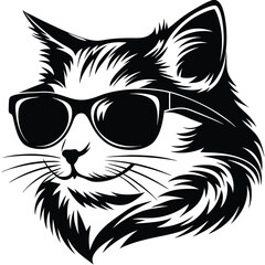 Isolated cool monochrome cat face is wearing black sunglasses with a fun vibe
