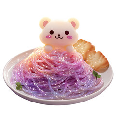 A cute bear sits atop a pile of rainbow gelatin noodles with cookies isolated on transparent background