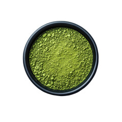 Instant matcha green tea powder in a black bowl on a white background for a vibrant and healthy treat, instant matcha green tea in black bowl on white background