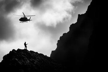Fototapeta na wymiar Silhouette of man being airlifted off a rocky cliff under dramatic clouds, Beautiful silhouette of man being airlifted off rocky shore of island